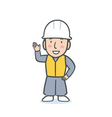 案内をしている作業服を着てヘルメットを被った若い男性のイラスト素材