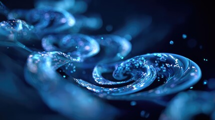 Glowing blue particle swirling liquid stream abstract background