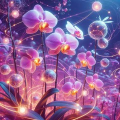 Cybernetic Orchid GreenhouseRobotic pollinators glowing hybrid b