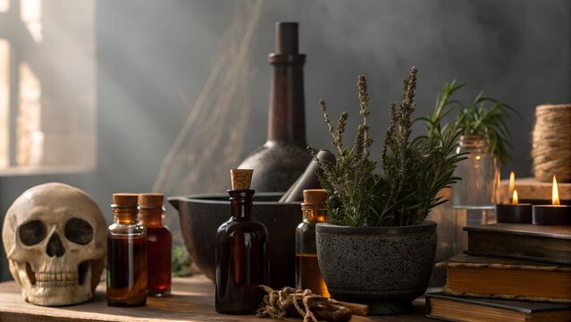 Mysterious Alchemist's Table with Skull Herbs and Potions in Soft Light