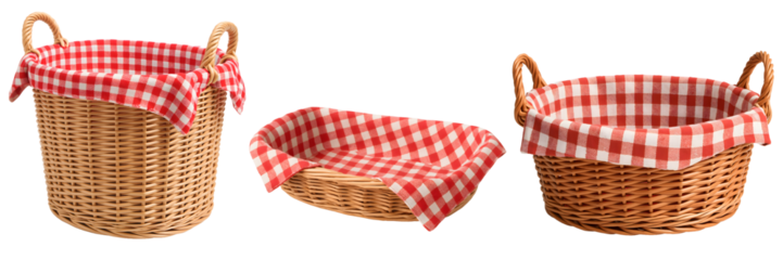 Wicker Picnic Baskets Red Gingham Liner on Transparent background
