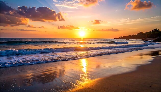 A vibrant sunset casts golden light on the beach, illuminating the waves and wet sand. Clouds fill the sky - Powered by Adobe