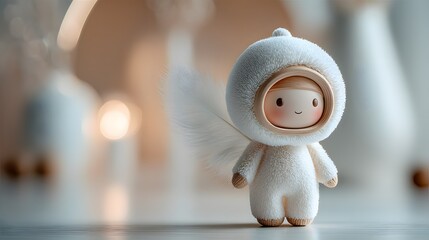 Cute character in warm fuzzy outfit with angel wings and soft colors