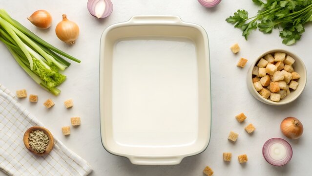 Overhead view of a baking dish filled with white liquid surrounded by fresh ingredients for cooking