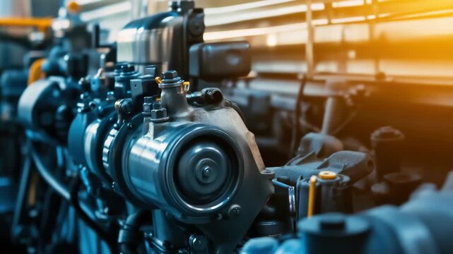 Close-up of modern industrial engine in well-lit workshop