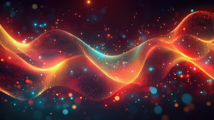 Glowing particle waves flowing on dark background