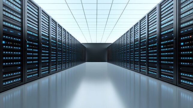 pristine server room with endless rows of sleek, black server racks, indicator lights blinking in unison, polished concrete floor reflecting the cool blue ambient light, symmetrical composition, 