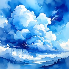 A vibrant watercolor depicts a gathering storm with voluminous, fluffy clouds. Rain falls over a mountain range, blue hues dominate