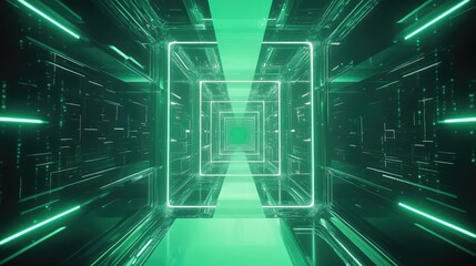 Futuristic green light tunnel with digital data streaming