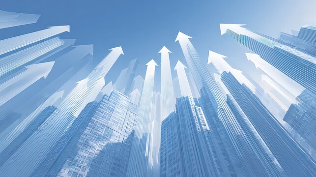 Abstract Digital Ascent Visualization with Ascending White Arrows on Blue Background representing Growth