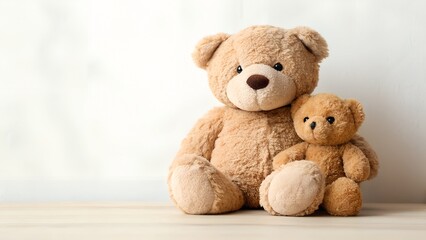 Obraz premium Two Brown Teddy Bears Sit Together On A Light Wooden Surface Against A White Textured Wall