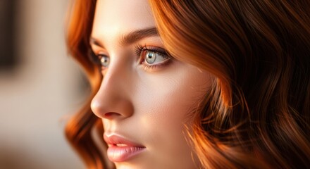 Fototapeta premium Close up profile of a young woman with fiery red hair