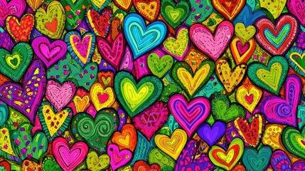 Fototapeta premium A colorful array of hand-drawn hearts in various sizes and styles, set against a vibrant backdrop, creating a cheerful and playful atmosphere.