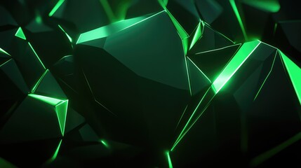 Dark geometric crystal structure glowing with green light