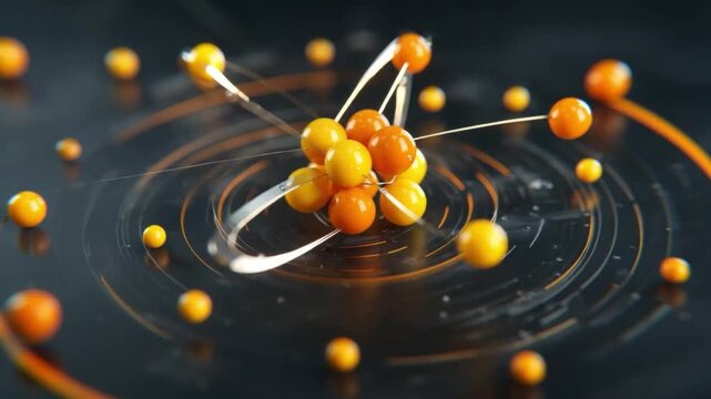 Atom Model: An intricate 3D rendering of an atom, featuring a central nucleus surrounded by orbiting electrons, symbolizing the fundamental building block of matter.
