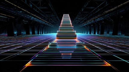 Abstract Illuminated Staircase with Neon Lights Against Dark Background