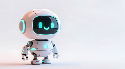 Fototapeta premium A futuristic yet adorable AI robot with a cute rounded shape and a smiley digital face, perfect for delivery or assistant services.