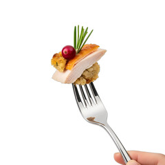 Festive Thanksgiving or Christmas dinner bite with turkey, stuffing, cranberry, rosemary on a fork, held by a hand. Ideal for holiday catering, appetizer menus, recipe features, or dietary insights,
