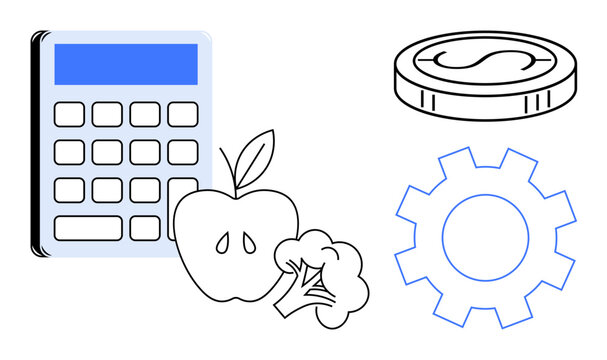 Calculator, apple, broccoli, coin, and gear highlight themes of nutrition, financial management, savings, productivity planning efficiency and health. Ideal for personal finance diet planning