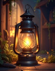 A vintage lantern illuminated against a blurred wooden backdrop, surrounded by lush green foliage, casting warm light