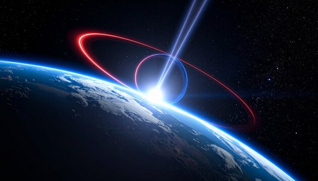 A futuristic depiction of Earth with glowing energy rings and a light beam extending into space.