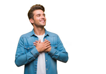 Smiling grateful man with hands on chest looking upward png image stock photo, isolated on transparent background