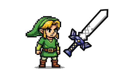 Pixel Art Hero Character with Fantasy Sword Ready for Adventure in a Digital Realm
