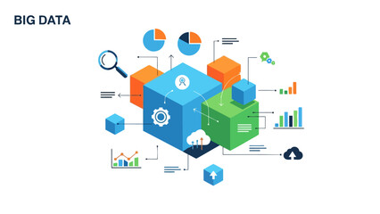 Fototapeta premium Isometric illustration depicting interconnected blue orange and green cubes with various data processing analysis and storage icons
