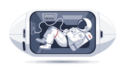Pixel art astronaut in a white spacesuit lying inside a futuristic capsuleshaped sleeping pod connected by a cable
