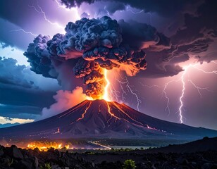 A volcanic eruption under a dramatic sky, with lightning striking the clouds and cascading lava flowing down the mountain
