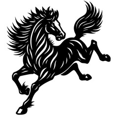 Dynamic horse leaping with flowing mane and tail silhouette. Powerful stallion jumping.