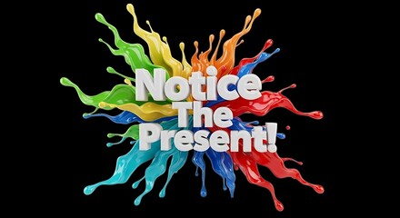 Vibrant splash of colorful paint surrounding the words Notice The Present, perfect for marketing, advertising, or promotional materials to inspire mindfulness and positivity