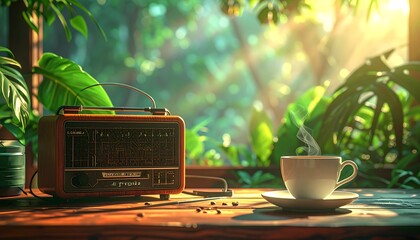 A warm and inviting scene, a retro radio sits beside a steaming coffee cup on a wooden table, with lush green foliage