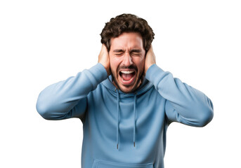 Frustrated man screaming covering ears stressed out angry annoyed upset mad furious depression anxiety pain discomfort isolated on transparent background