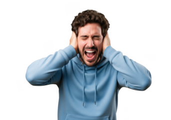 Frustrated man screaming covering ears stressed out angry annoyed upset mad furious depression anxiety pain discomfort isolated on transparent background