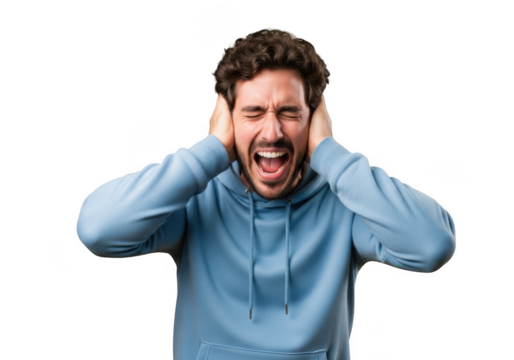 Frustrated man screaming covering ears stressed out angry annoyed upset mad furious depression anxiety pain discomfort isolated on transparent background