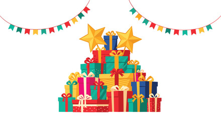A festive illustration showcasing a large stack of brightly colored gift boxes, adorned with bows and two golden stars, under decorative party banners, symbolizing celebration and generosity.