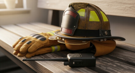 Firefighter's gear resting after a long shift, showcasing the tools of a hero, helmet, gloves and radio ready to respond to the next emergency call