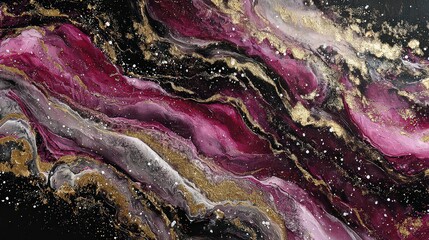 Abstract Nebula with Crimson Gold and Sapphire Swirls on Dark Background with Glittering Accents
