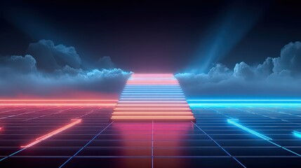 Abstract Neon Staircase Leading to Light Beams with Clouds in Pink and Blue Futuristic Scene