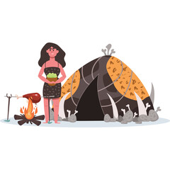 Cave Dweller Woman Holding Bowl Of Food Near Roasting Meat Over Campfire Outside Primitive Hut With Tribal Symbols In Flat Illustration Style