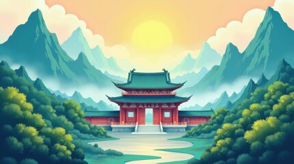 Serene asian temple nestled among lush green mountains at sunrise
