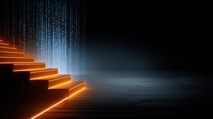 Abstract Orange Staircase with Digital Waterfall on Dark Surface in Dark Room with Ambient Light and Artificial Glow Effect