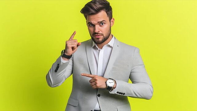 Focused Glance: A man with a commanding presence, dressed in a tailored suit, points at his wrist and gestures toward his head, a portrait of determination and awareness.