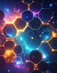 A vibrant digital illustration features a network of glowing hexagons linked by lines against a starry, colorful backdrop, with hints of constellations