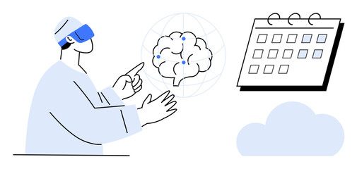 Person in VR headset interacts with digital brain and calendar surrounded by a cloud storage concept. Ideal for technology, innovation, AI, productivity, remote work, virtual reality, project