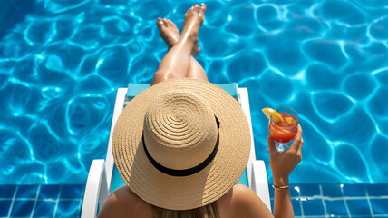 Woman in straw hat relaxing by pool with cocktail person female