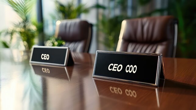 Decision-Making Authority: A boardroom setup showcasing a power dynamic, with the CEO and COO nameplates, a symbol of executive leadership and strategic decision-making in a business context. - Powered by Adobe