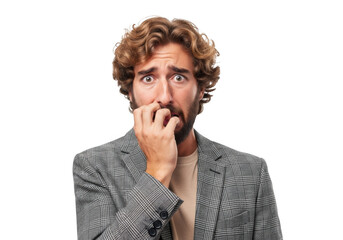 Anxious man biting nails, nervous, scared, worried, frustrated, stressed, fearful, depression, anxiety, portrait isolated on transparent background