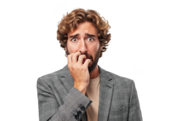 Anxious man biting nails, nervous, scared, worried, frustrated, stressed, fearful, depression, anxiety, portrait isolated on transparent background